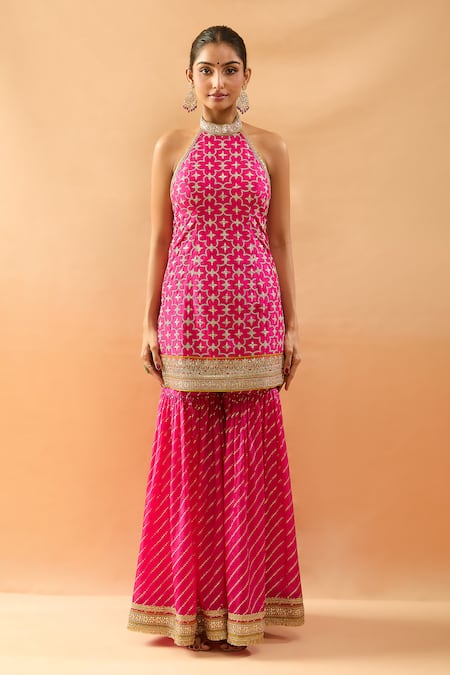 Buy Gopi Vaid Pink Tussar, Organza Embroidery, Zari, Gota Patti Geometric Kurta Sharara Set Online at Aza Fashions Buy_Gopi Vaid_Pink Tussar, Organza Embroidery, Zari, Gota Patti Geometric Kurta Sharara Set _Online_at_Aza_Fashions