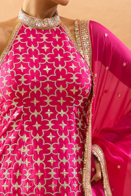 Shop Gopi Vaid Pink Tussar, Organza Embroidery, Zari, Gota Patti Geometric Kurta Sharara Set Online at Aza Fashions Shop_Gopi Vaid_Pink Tussar, Organza Embroidery, Zari, Gota Patti Geometric Kurta Sharara Set _Online_at_Aza_Fashions