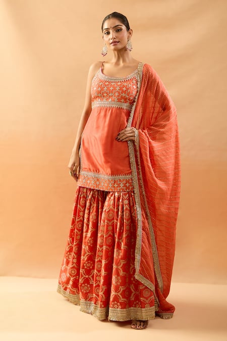 Gopi Vaid Orange Tussar, Organza Embroidery, Zari, Gota Patti Round Kurta And Sharara Set Online at Aza Fashions Gopi Vaid_Orange Tussar, Organza Embroidery, Zari, Gota Patti Round Kurta And Sharara Set _Online_at_Aza_Fashions