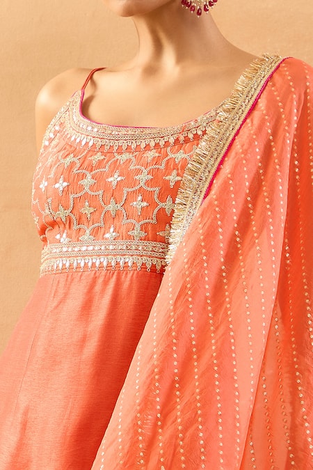 Shop Gopi Vaid Orange Tussar, Organza Embroidery, Zari, Gota Patti Round Kurta And Sharara Set Online at Aza Fashions Shop_Gopi Vaid_Orange Tussar, Organza Embroidery, Zari, Gota Patti Round Kurta And Sharara Set _Online_at_Aza_Fashions