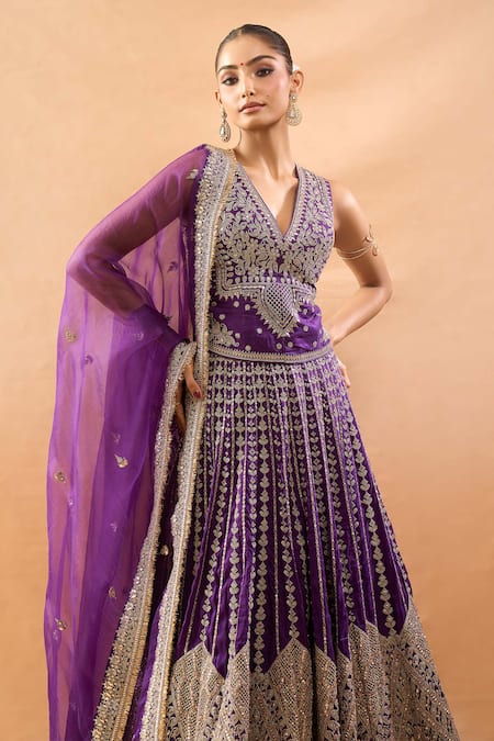 Gopi Vaid_Purple Tussar, Organza Zari, Embroidery V-neck Blouse And Lehenga Set _Online_at_Aza_Fashions