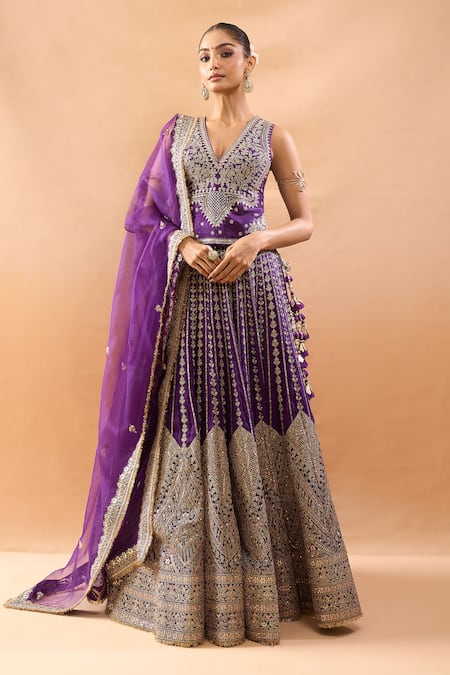 Buy_Gopi Vaid_Purple Tussar, Organza Zari, Embroidery V-neck Blouse And Lehenga Set _Online_at_Aza_Fashions