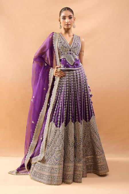 Shop_Gopi Vaid_Purple Tussar, Organza Zari, Embroidery V-neck Blouse And Lehenga Set _Online_at_Aza_Fashions