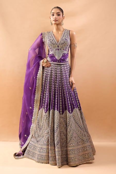Gopi Vaid Embroidered V-Neck Blouse & Lehenga Set 