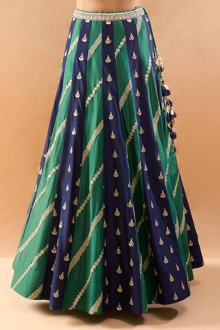 Gopi Vaid_Navy Tussar, Organza Embroidery, Tassels, Zari Striped Lehenga Set With Dupatta _Online_at_Aza_Fashions