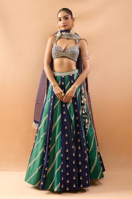 Buy_Gopi Vaid_Navy Tussar, Organza Embroidery, Tassels, Zari Striped Lehenga Set With Dupatta _Online_at_Aza_Fashions
