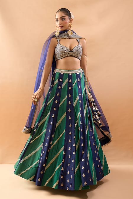 Shop_Gopi Vaid_Navy Tussar, Organza Embroidery, Tassels, Zari Striped Lehenga Set With Dupatta _Online_at_Aza_Fashions