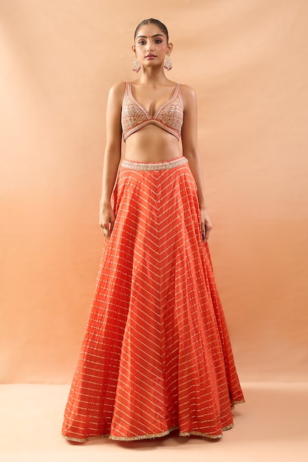 Gopi Vaid_Orange Tussar, Organza Embroidery, Zari V-neck Lehenga Set With Jacket _Online_at_Aza_Fashions