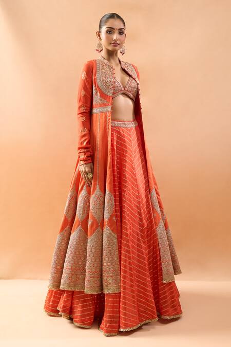 Shop_Gopi Vaid_Orange Tussar, Organza Embroidery, Zari V-neck Lehenga Set With Jacket _Online_at_Aza_Fashions