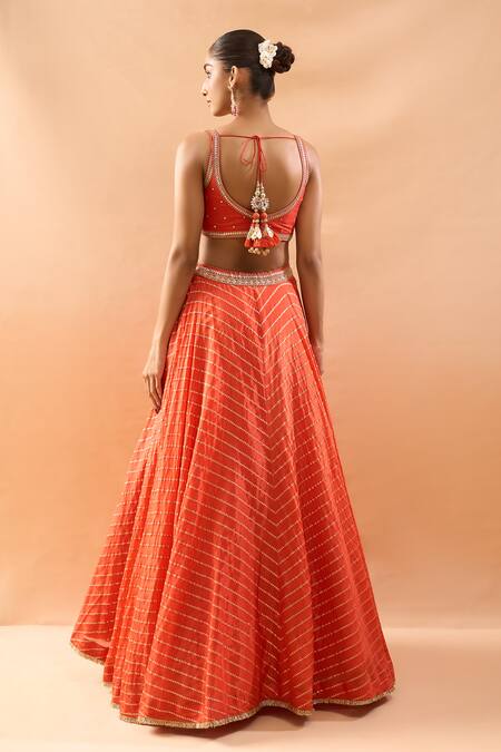 Gopi Vaid_Orange Tussar, Organza Embroidery, Zari V-neck Lehenga Set With Jacket _at_Aza_Fashions