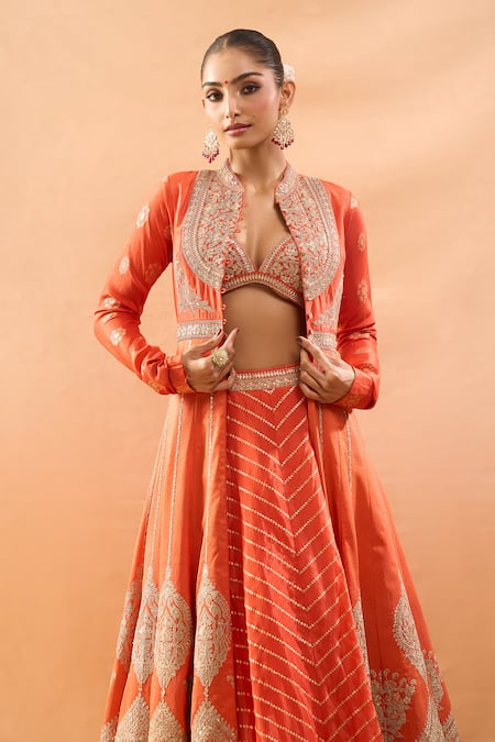 Buy_Gopi Vaid_Orange Tussar, Organza Embroidery, Zari V-neck Lehenga Set With Jacket 