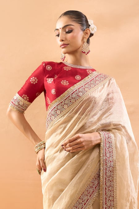 Gopi Vaid_Ivory Organza, Tissue, Tussar Embroidery, Zari Round Neck Saree And Blouse _Online_at_Aza_Fashions