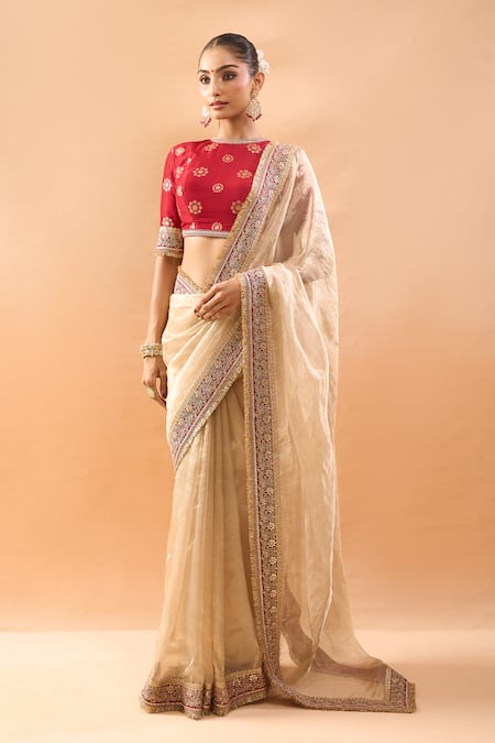 Buy_Gopi Vaid_Ivory Organza, Tissue, Tussar Embroidery, Zari Round Neck Saree And Blouse _Online_at_Aza_Fashions