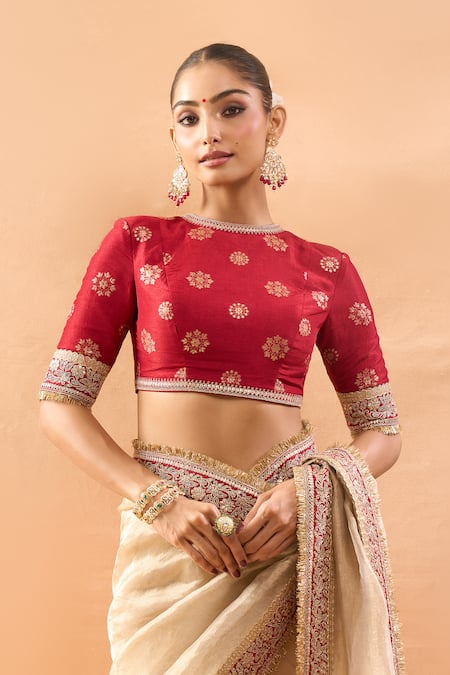 Shop_Gopi Vaid_Ivory Organza, Tissue, Tussar Embroidery, Zari Round Neck Saree And Blouse _Online_at_Aza_Fashions