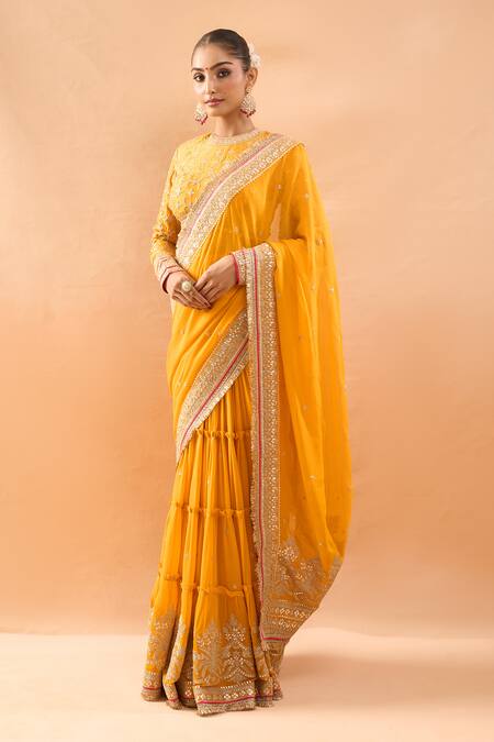 Buy_Gopi Vaid_Mustard Georgette, Tussar Zari, Embroidery Round Tiered Saree And Padded Blouse _Online_at_Aza_Fashions
