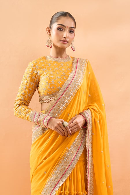 Shop_Gopi Vaid_Mustard Georgette, Tussar Zari, Embroidery Round Tiered Saree And Padded Blouse _Online_at_Aza_Fashions