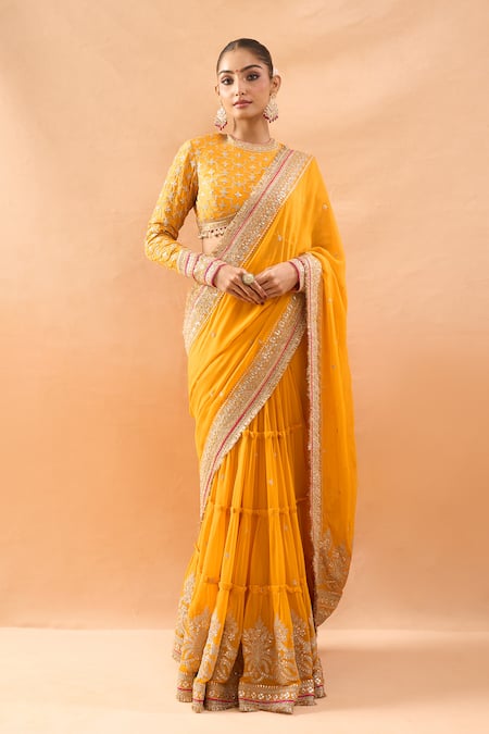 Gopi Vaid Embroidered Tiered Saree & Padded Blouse 