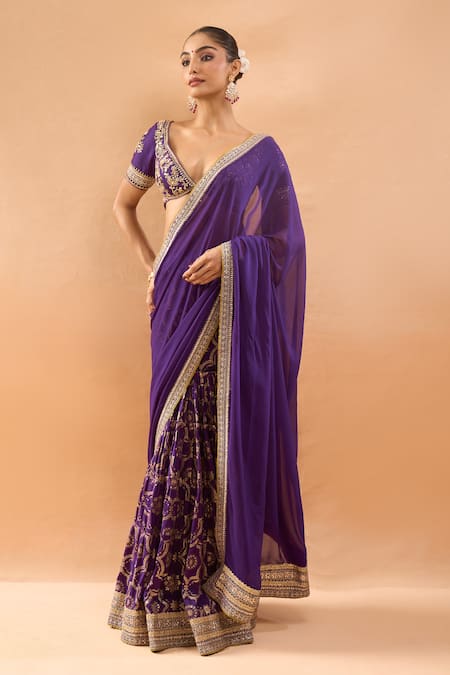 Gopi Vaid_Purple Georgette, Tussar Embroidery, Zari V-neck Saree With Padded Blouse _Online_at_Aza_Fashions