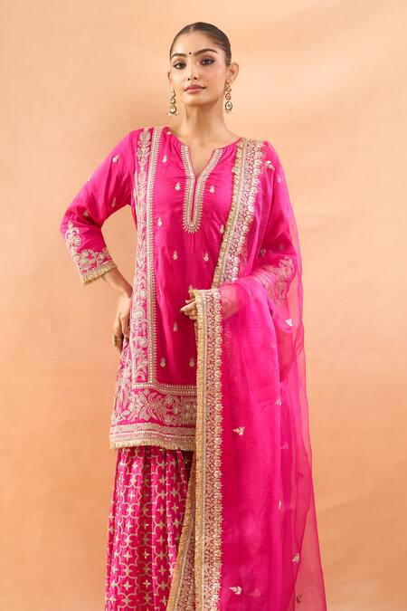 Buy_Gopi Vaid_Fuchsia Tussar, Organza Embroidery, Zari Split V-neck Kurta Sharara Set _Online_at_Aza_Fashions