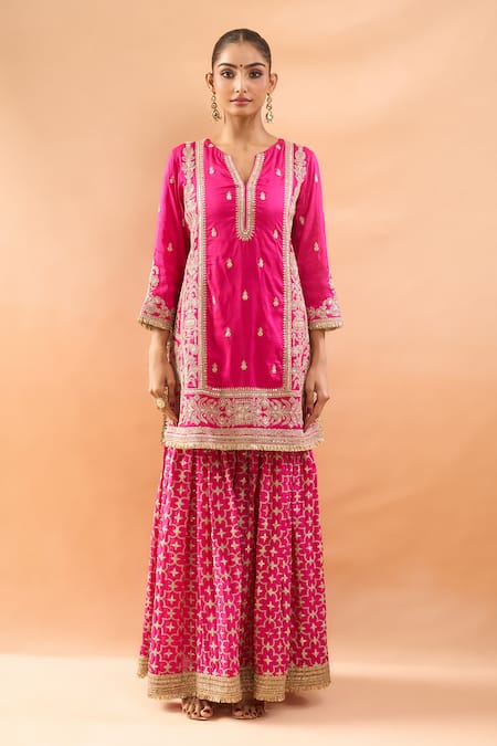 Shop_Gopi Vaid_Fuchsia Tussar, Organza Embroidery, Zari Split V-neck Kurta Sharara Set _Online_at_Aza_Fashions