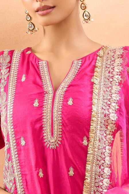 Gopi Vaid_Fuchsia Tussar, Organza Embroidery, Zari Split V-neck Kurta Sharara Set _at_Aza_Fashions