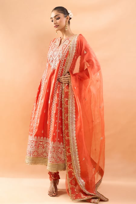 Shop Gopi Vaid Orange Tussar, Brocade, Organza Embroidery, Zari Anarkali Churidar And Dupatta Set Online at Aza Fashions Shop_Gopi Vaid_Orange Tussar, Brocade, Organza Embroidery, Zari Anarkali Churidar And Dupatta Set _Online_at_Aza_Fashions