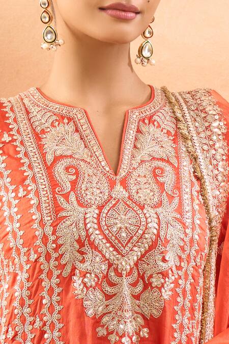 Gopi Vaid Orange Tussar, Brocade, Organza Embroidery, Zari Anarkali Churidar And Dupatta Set at Aza Fashions Gopi Vaid_Orange Tussar, Brocade, Organza Embroidery, Zari Anarkali Churidar And Dupatta Set _at_Aza_Fashions