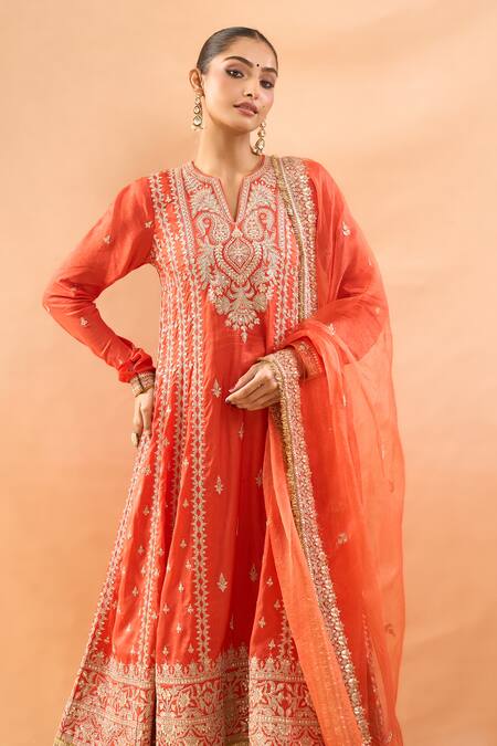 Buy Gopi Vaid Orange Tussar, Brocade, Organza Embroidery, Zari Anarkali Churidar And Dupatta Set Buy_Gopi Vaid_Orange Tussar, Brocade, Organza Embroidery, Zari Anarkali Churidar And Dupatta Set