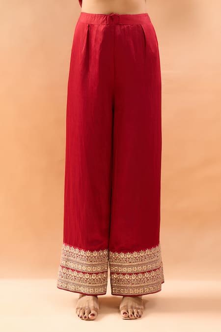 Gopi Vaid_Red Tussar, Linen, Satin, Organza Embroidery, Zari, Kurta Palazzo And Dupatta Set _Online_at_Aza_Fashions