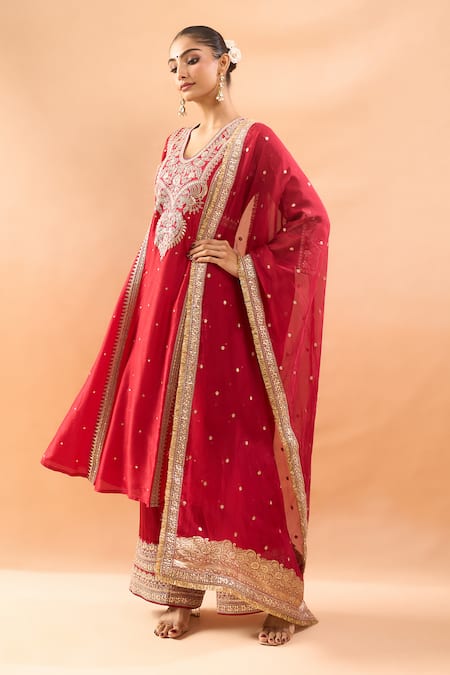 Shop_Gopi Vaid_Red Tussar, Linen, Satin, Organza Embroidery, Zari, Kurta Palazzo And Dupatta Set _Online_at_Aza_Fashions
