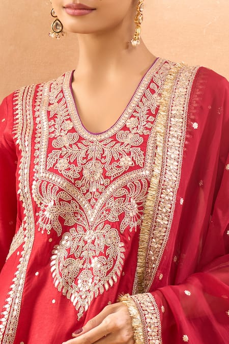 Buy_Gopi Vaid_Red Tussar, Linen, Satin, Organza Embroidery, Zari, Kurta Palazzo And Dupatta Set 