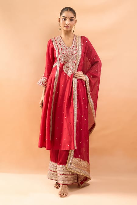 Gopi Vaid Embroidered Tussar Kurta Palazzo & Dupatta Set 