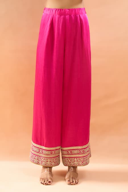 Buy_Gopi Vaid_Fuchsia Tussar, Linen, Satin, Organza Embroidery, Anarkali Palazzo And Dupatta Set _Online_at_Aza_Fashions