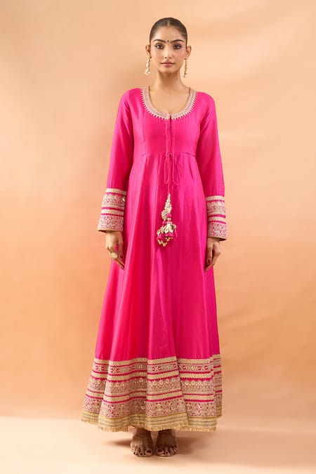 Shop_Gopi Vaid_Fuchsia Tussar, Linen, Satin, Organza Embroidery, Anarkali Palazzo And Dupatta Set _Online_at_Aza_Fashions