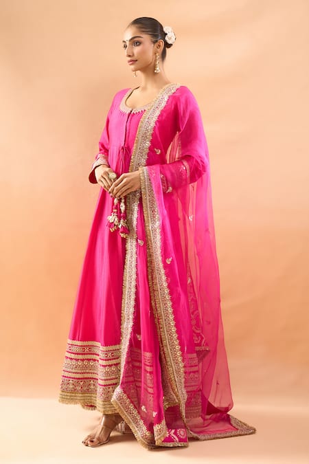 Gopi Vaid_Fuchsia Tussar, Linen, Satin, Organza Embroidery, Anarkali Palazzo And Dupatta Set _at_Aza_Fashions