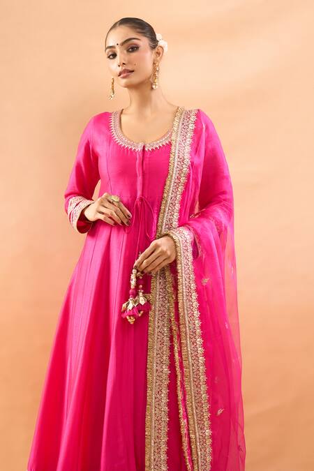 Buy_Gopi Vaid_Fuchsia Tussar, Linen, Satin, Organza Embroidery, Anarkali Palazzo And Dupatta Set 