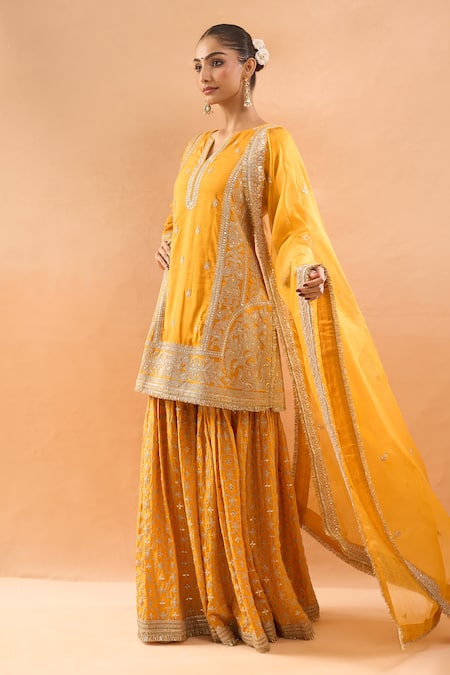 Gopi Vaid Mustard Tussar, Organza Embroidery, Zari Split Kurta Sharara And Dupatta Set Online at Aza Fashions Gopi Vaid_Mustard Tussar, Organza Embroidery, Zari Split Kurta Sharara And Dupatta Set _Online_at_Aza_Fashions