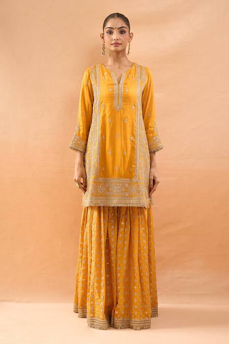 Buy Gopi Vaid Mustard Tussar, Organza Embroidery, Zari Split Kurta Sharara And Dupatta Set Online at Aza Fashions Buy_Gopi Vaid_Mustard Tussar, Organza Embroidery, Zari Split Kurta Sharara And Dupatta Set _Online_at_Aza_Fashions