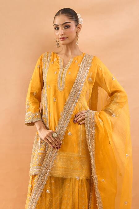 Gopi Vaid Mustard Tussar, Organza Embroidery, Zari Split Kurta Sharara And Dupatta Set at Aza Fashions Gopi Vaid_Mustard Tussar, Organza Embroidery, Zari Split Kurta Sharara And Dupatta Set _at_Aza_Fashions