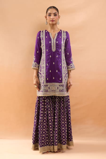 Gopi Vaid_Purple Tussar, Organza Embroidery, Zari V-neck Kurta And Sharara Set _Online_at_Aza_Fashions