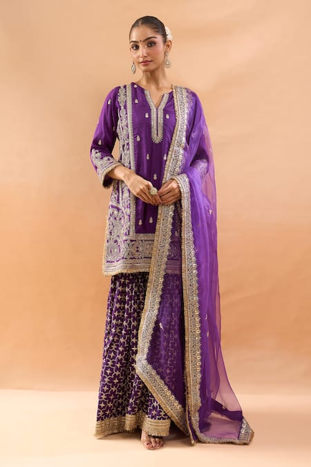 Buy_Gopi Vaid_Purple Tussar, Organza Embroidery, Zari V-neck Kurta And Sharara Set _Online_at_Aza_Fashions