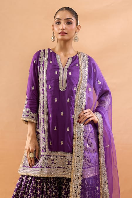 Shop_Gopi Vaid_Purple Tussar, Organza Embroidery, Zari V-neck Kurta And Sharara Set _Online_at_Aza_Fashions