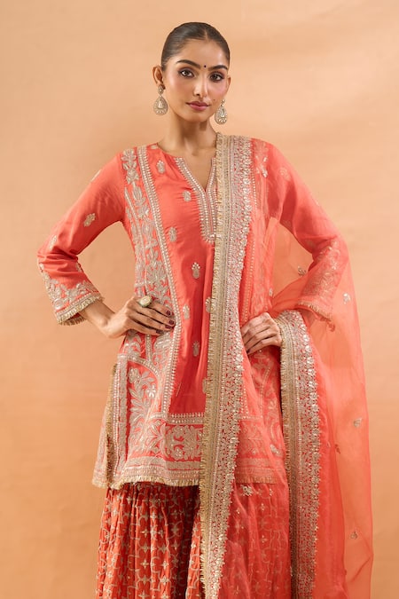 Shop_Gopi Vaid_Orange Tussar, Organza Embroidery, Zari V-neck Kurta Sharara And Dupatta _Online_at_Aza_Fashions