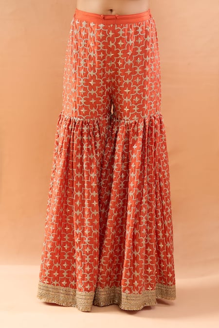 Gopi Vaid_Orange Tussar, Organza Embroidery, Zari V-neck Kurta Sharara And Dupatta _at_Aza_Fashions