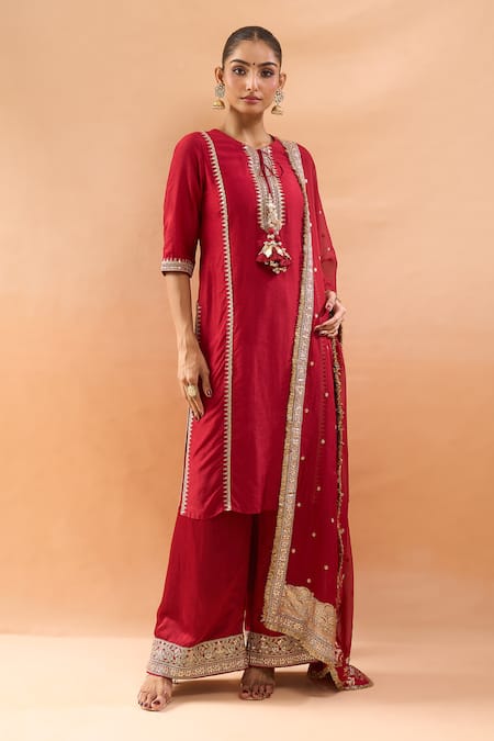 Gopi Vaid Embroidered Tussar Kurta & Palazzo Set 