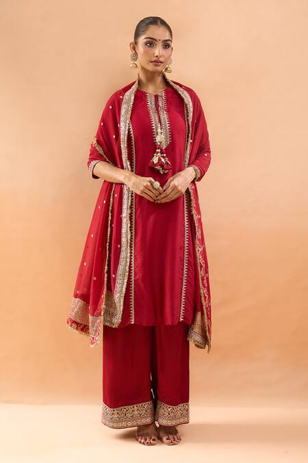 Buy_Gopi Vaid_Red Tussar, Linen, Satin, Organza Embroidery, Zari, Gota Kurta And Palazzo Set _Online_at_Aza_Fashions