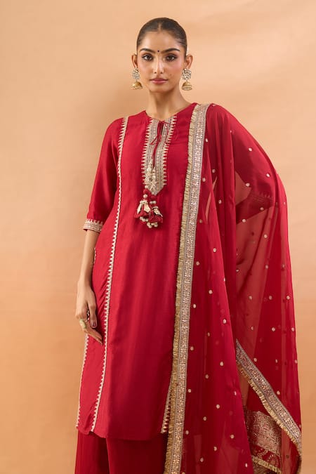 Shop_Gopi Vaid_Red Tussar, Linen, Satin, Organza Embroidery, Zari, Gota Kurta And Palazzo Set _Online_at_Aza_Fashions