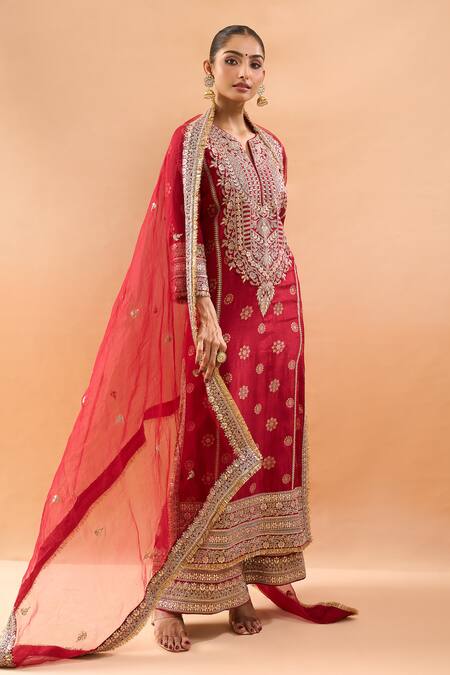 Gopi Vaid_Red Tussar, Organza Embroidery, Zari Split V-neck Kurta Palazzo Set _Online_at_Aza_Fashions