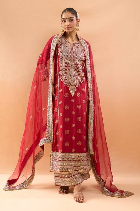 Buy_Gopi Vaid_Red Tussar, Organza Embroidery, Zari Split V-neck Kurta Palazzo Set _Online_at_Aza_Fashions