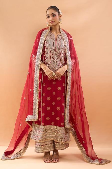 Gopi Vaid Embroidered Tussar Kurta Palazzo Set 